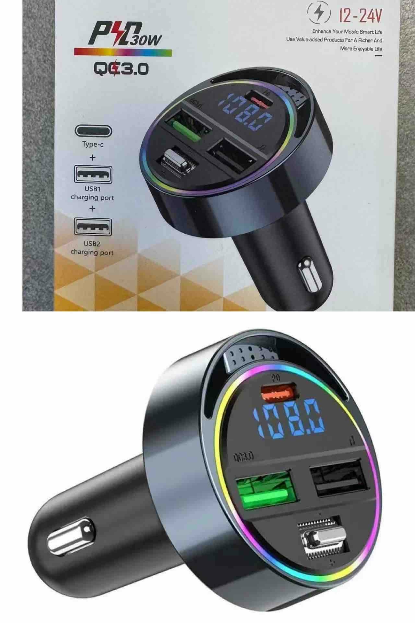 Auto punjač sa 3 USB porta i ekranom