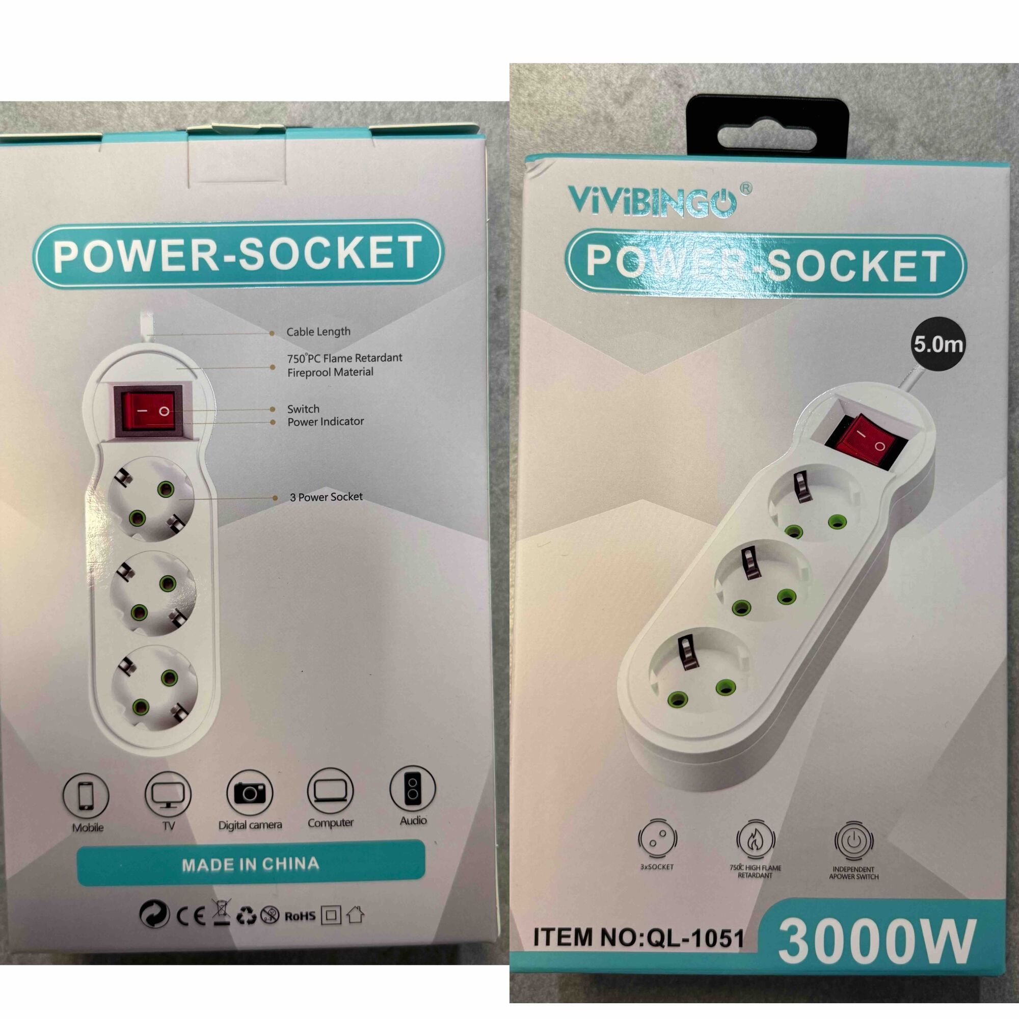 Produžni kabel sa tri utičnice i prekidačem