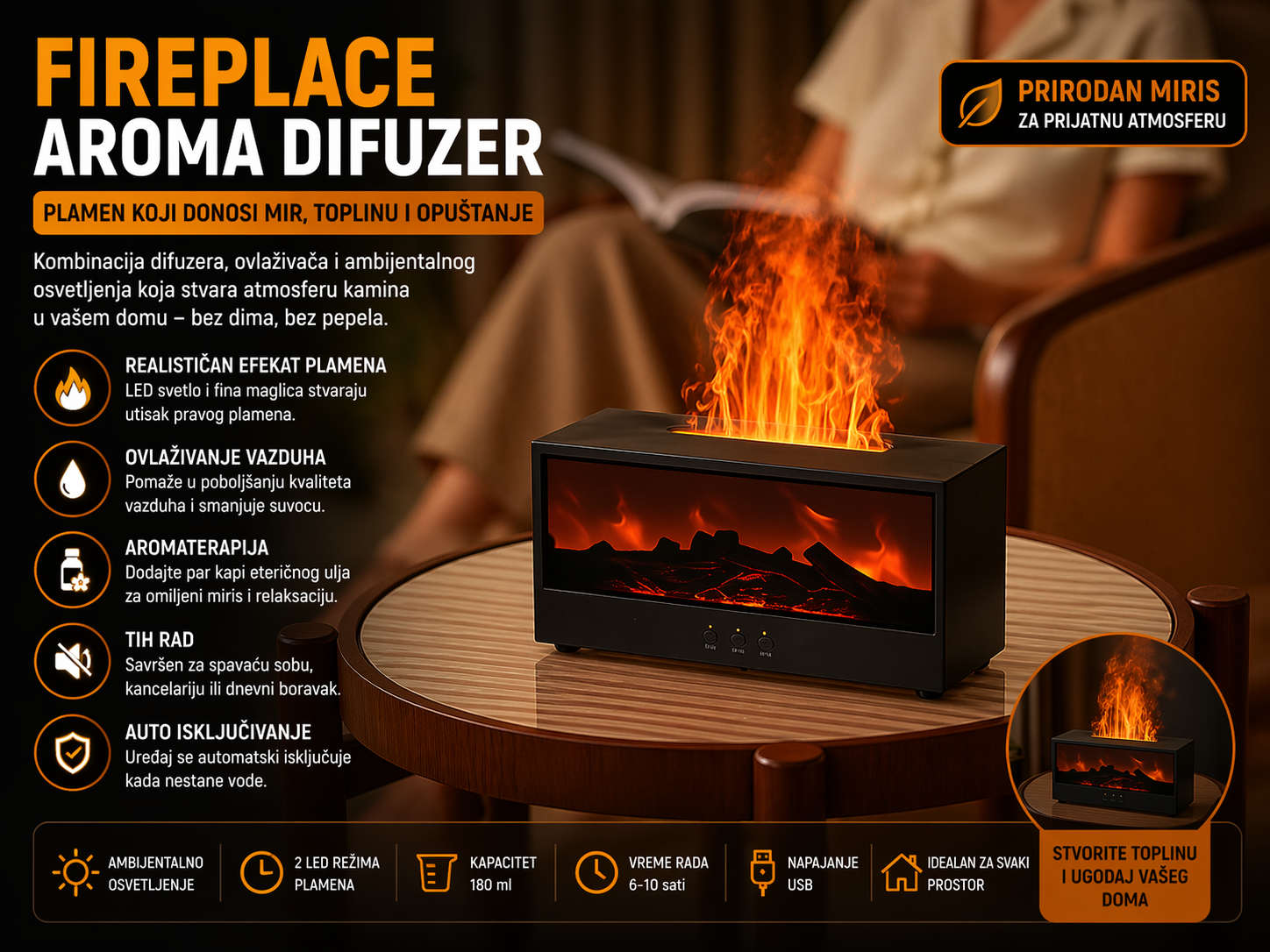 Aroma difuzer sa efektom kamina