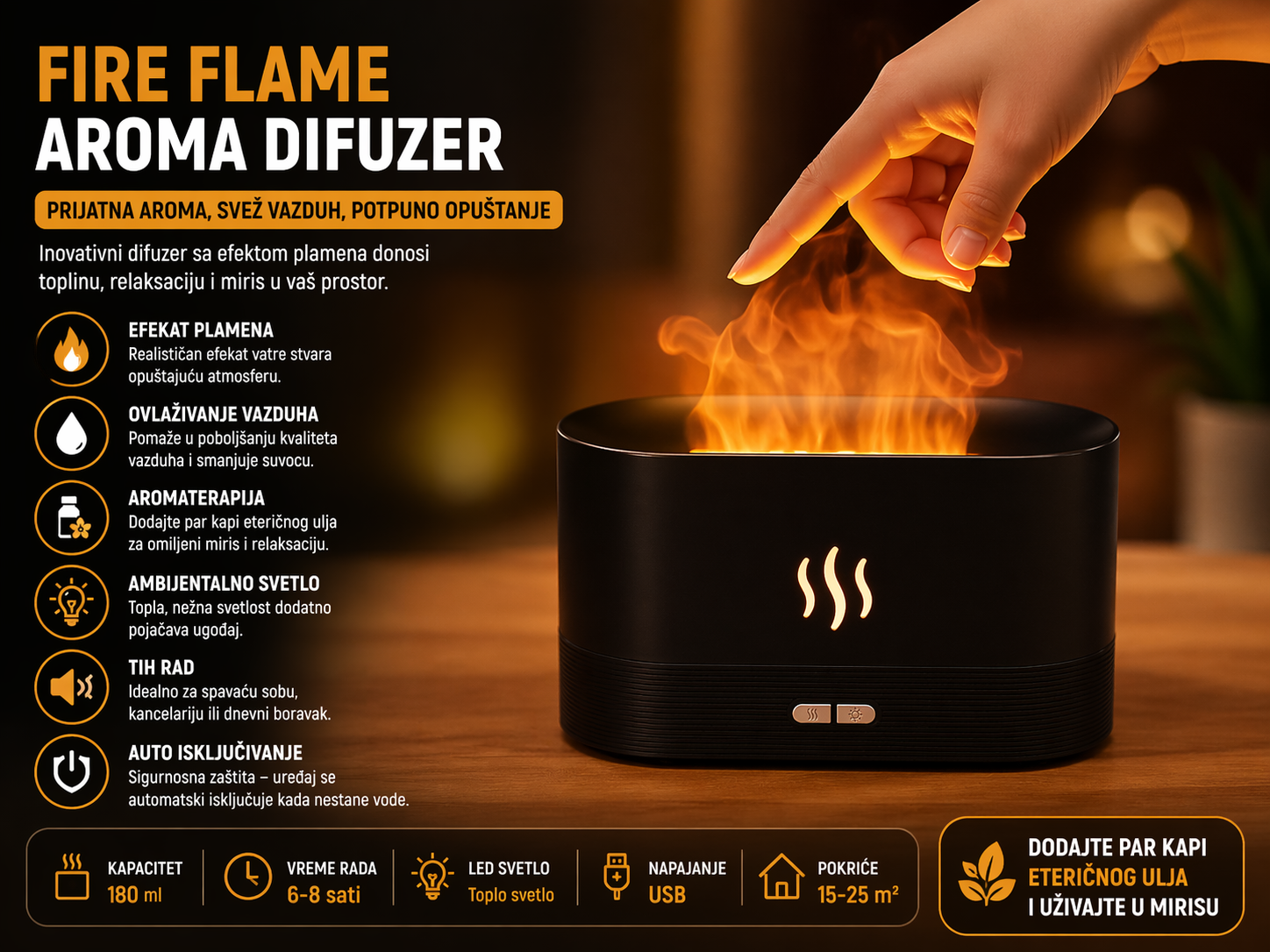 Aroma difuzer sa efektom plamena