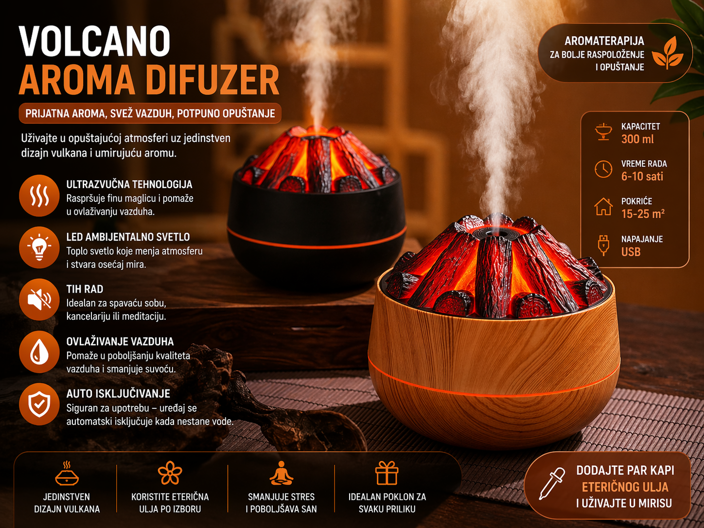 Aroma difuzer “Vulkan” sa LED efektom