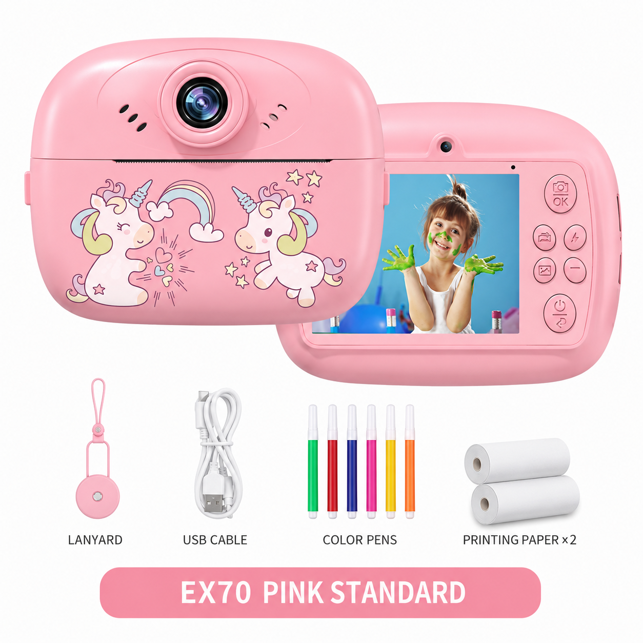 Dečiji instant fotoaparat sa štampačem – roze jednorog
