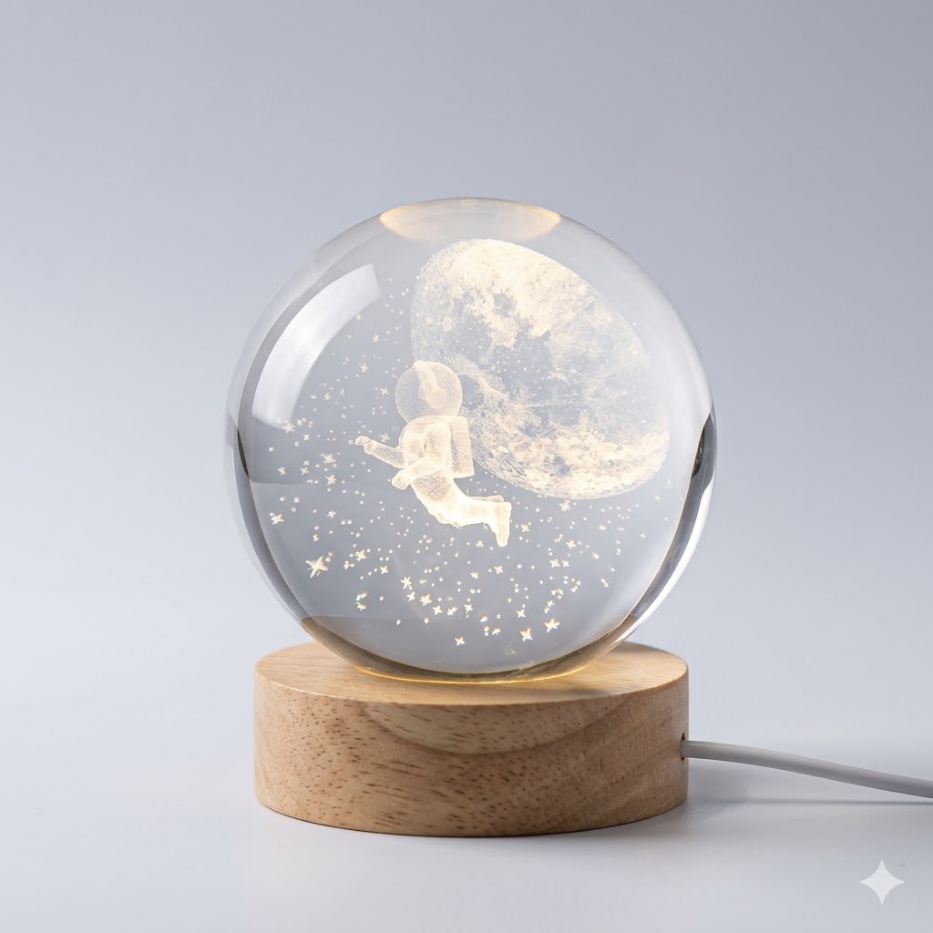 Dekorativna 3D LED lampa u staklenoj kugli sa motivom astronauta i meseca