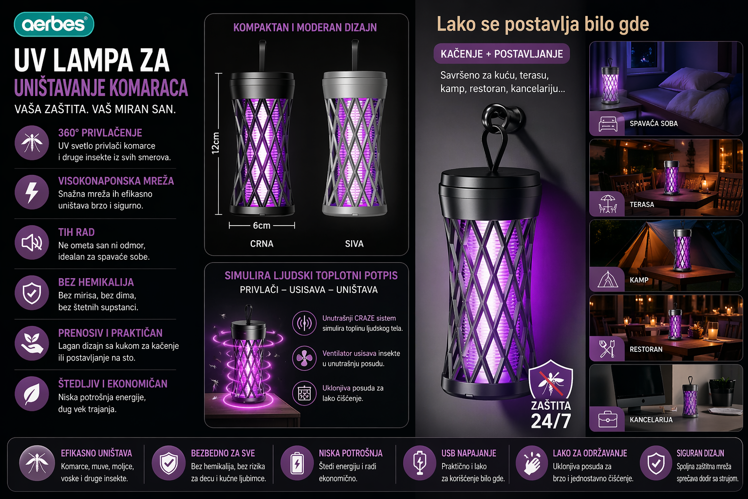Prenosiva UV lampa protiv komaraca sa kukom za kačenje