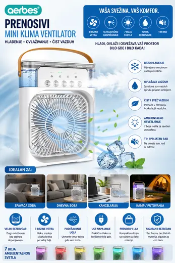 Prenosivi mini klima ventilator sa raspršivačem