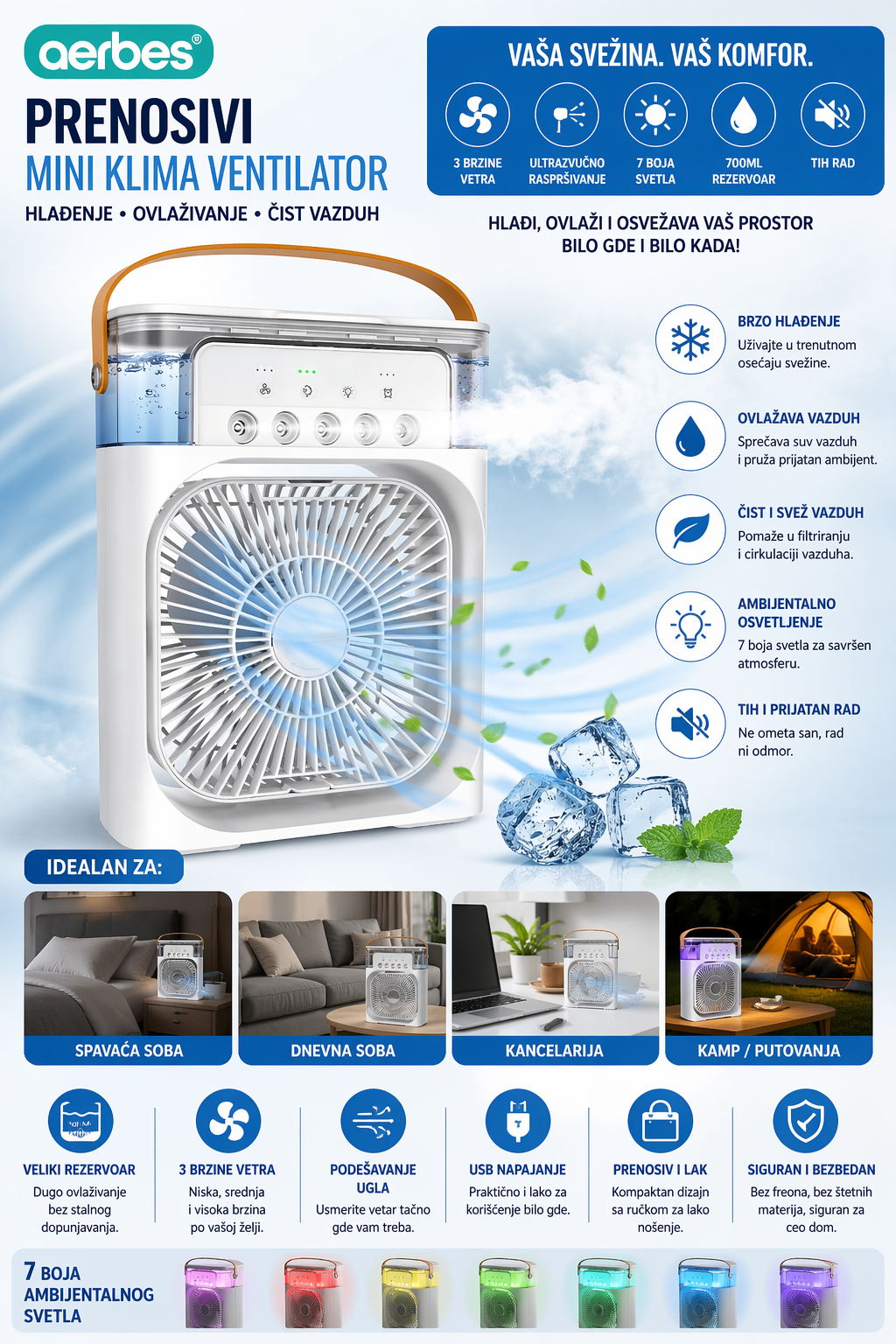 Prenosivi mini klima ventilator sa raspršivačem