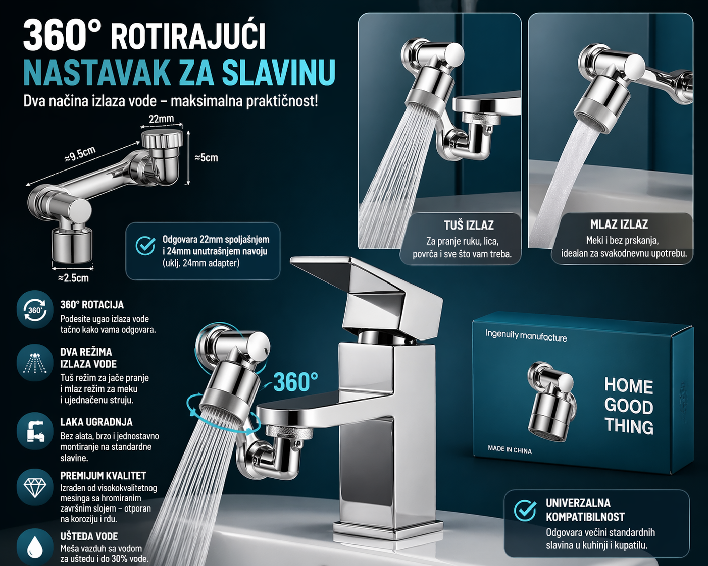 Rotirajući nastavak za slavinu 360° sa dva režima rada